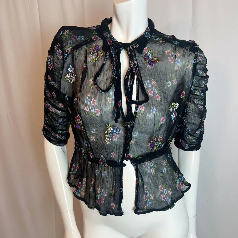 Free People Buttercup Black Floral Beaded Embroidered Keyhole Blouse Size S - Picture 2 of 8